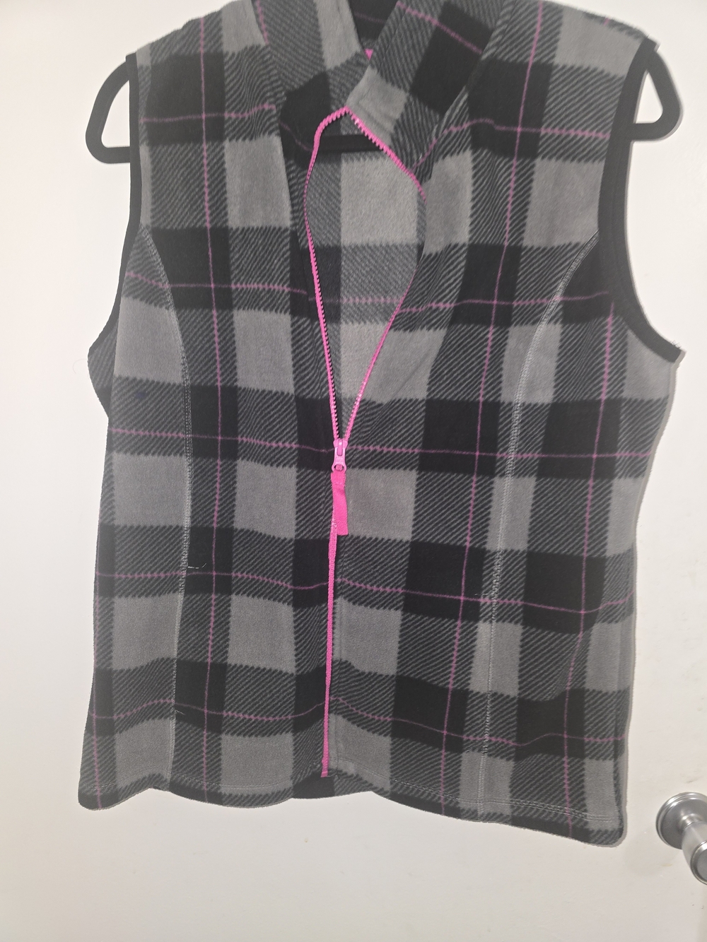 made for life Gray & Black Plaid Fleece Vest with Pink Zipper